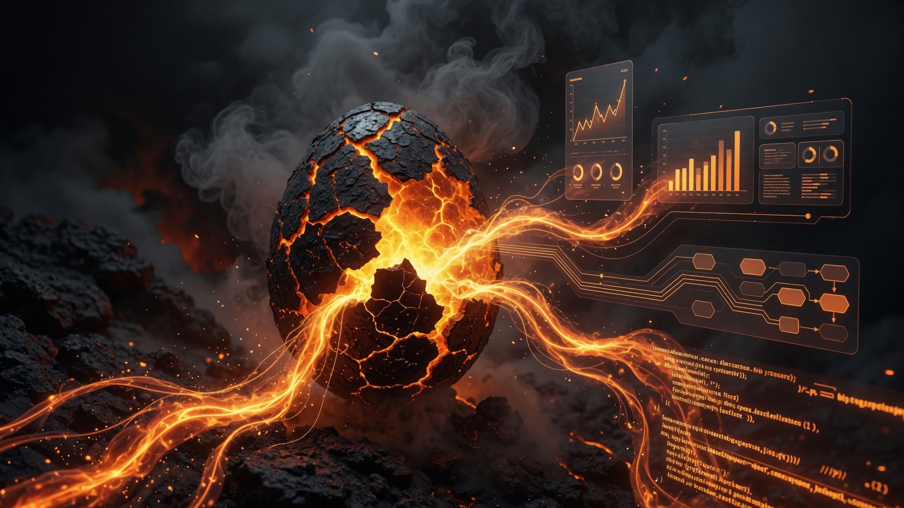 Molten lava flowing through glowing circuit lines, the LavaEgg AI workflow