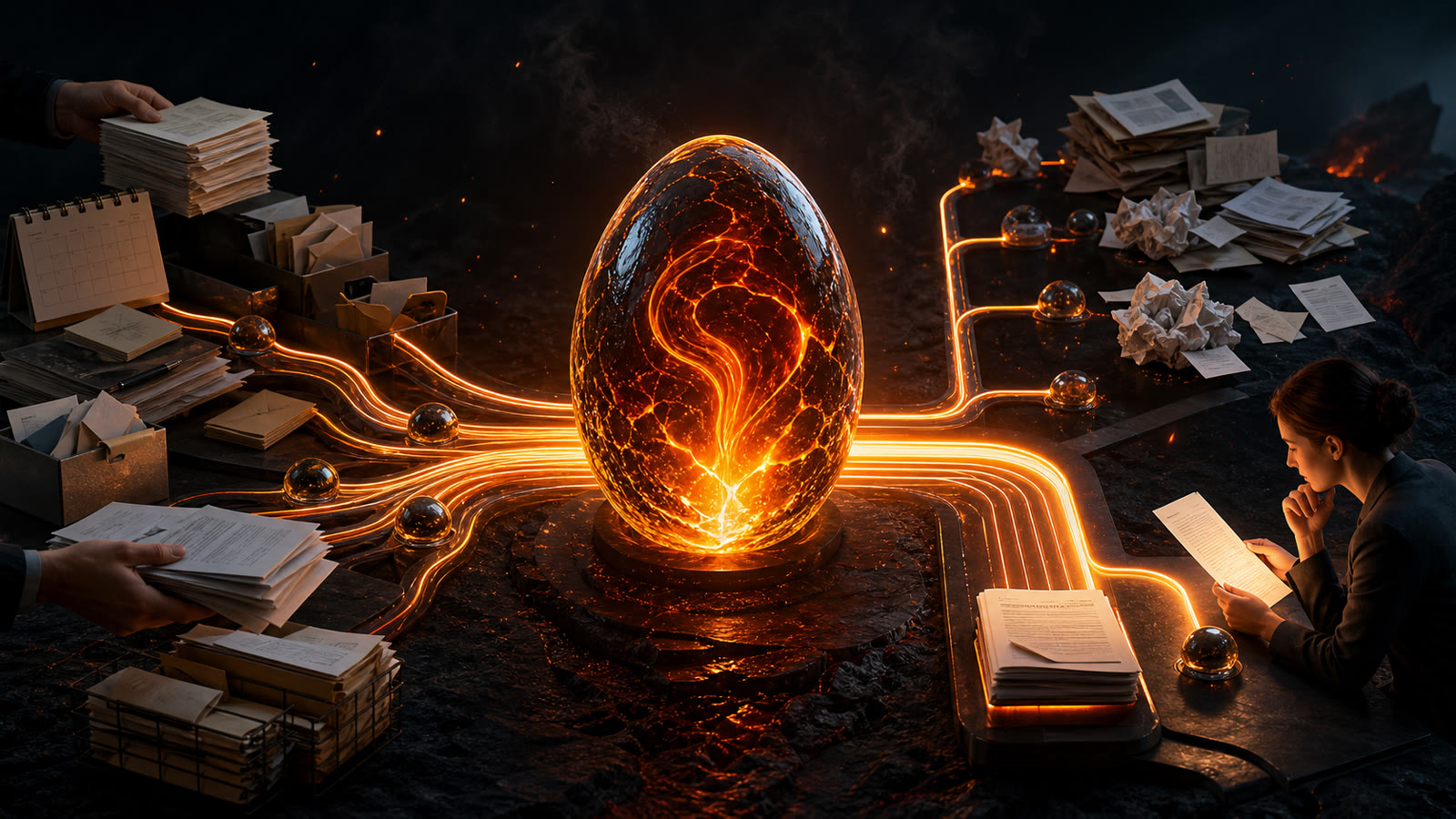 A glowing LavaEgg routing stacks of paperwork, envelopes, and a calendar along molten lines while a person reviews a single page