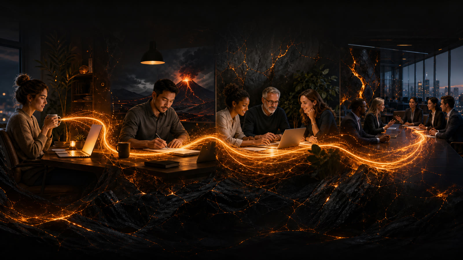 A ribbon of molten light running across desks, from a solo worker with a laptop to a small team to a boardroom