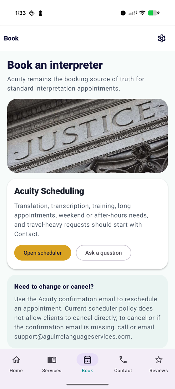 Aguirre Language Services app booking screen for interpreter scheduling