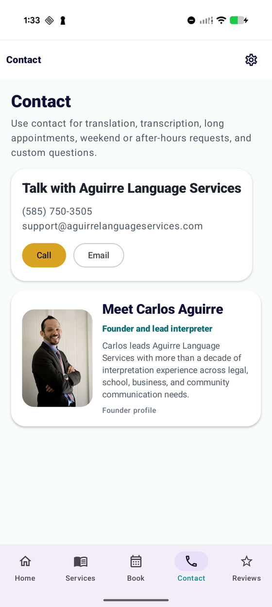 Aguirre Language Services app contact screen with business contact options and founder profile