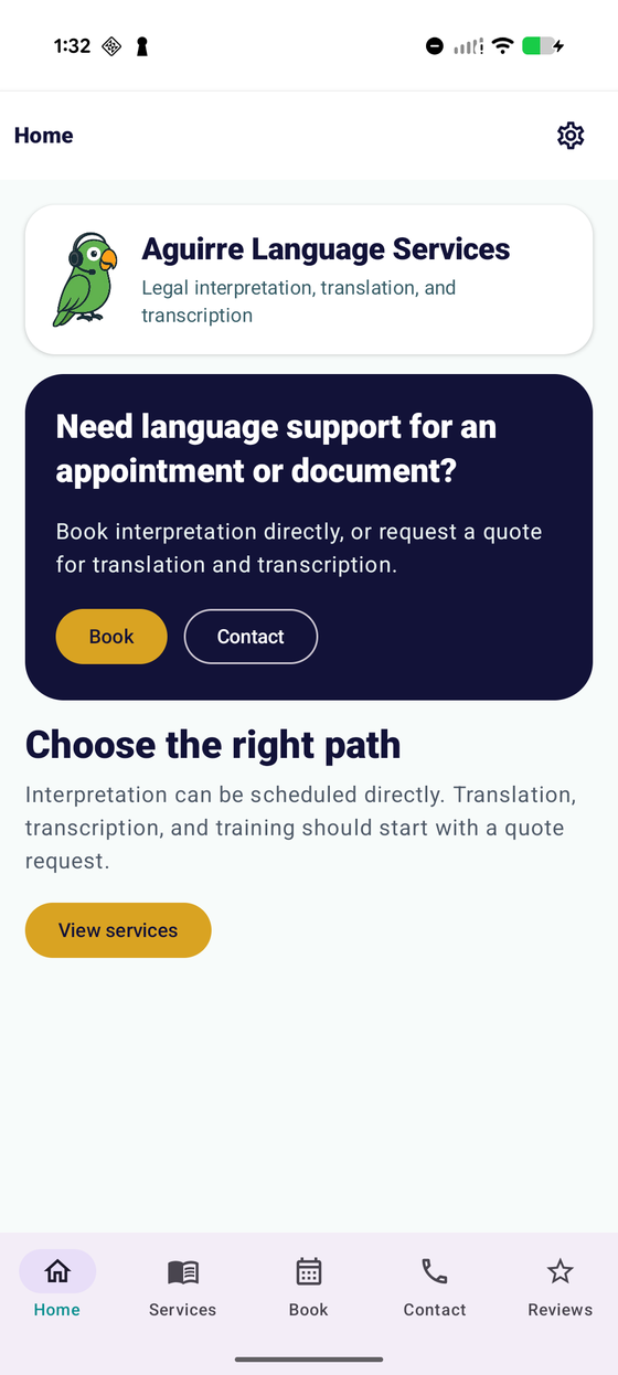 Aguirre Language Services app home screen with booking and contact actions
