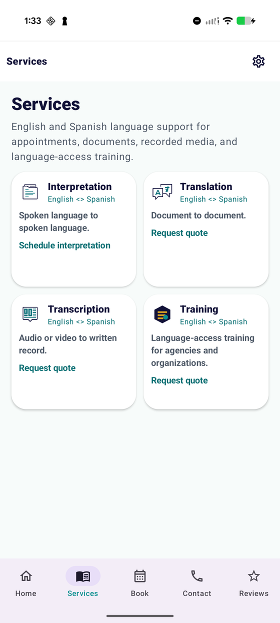 Aguirre Language Services app services screen with interpretation, translation, transcription, and training cards