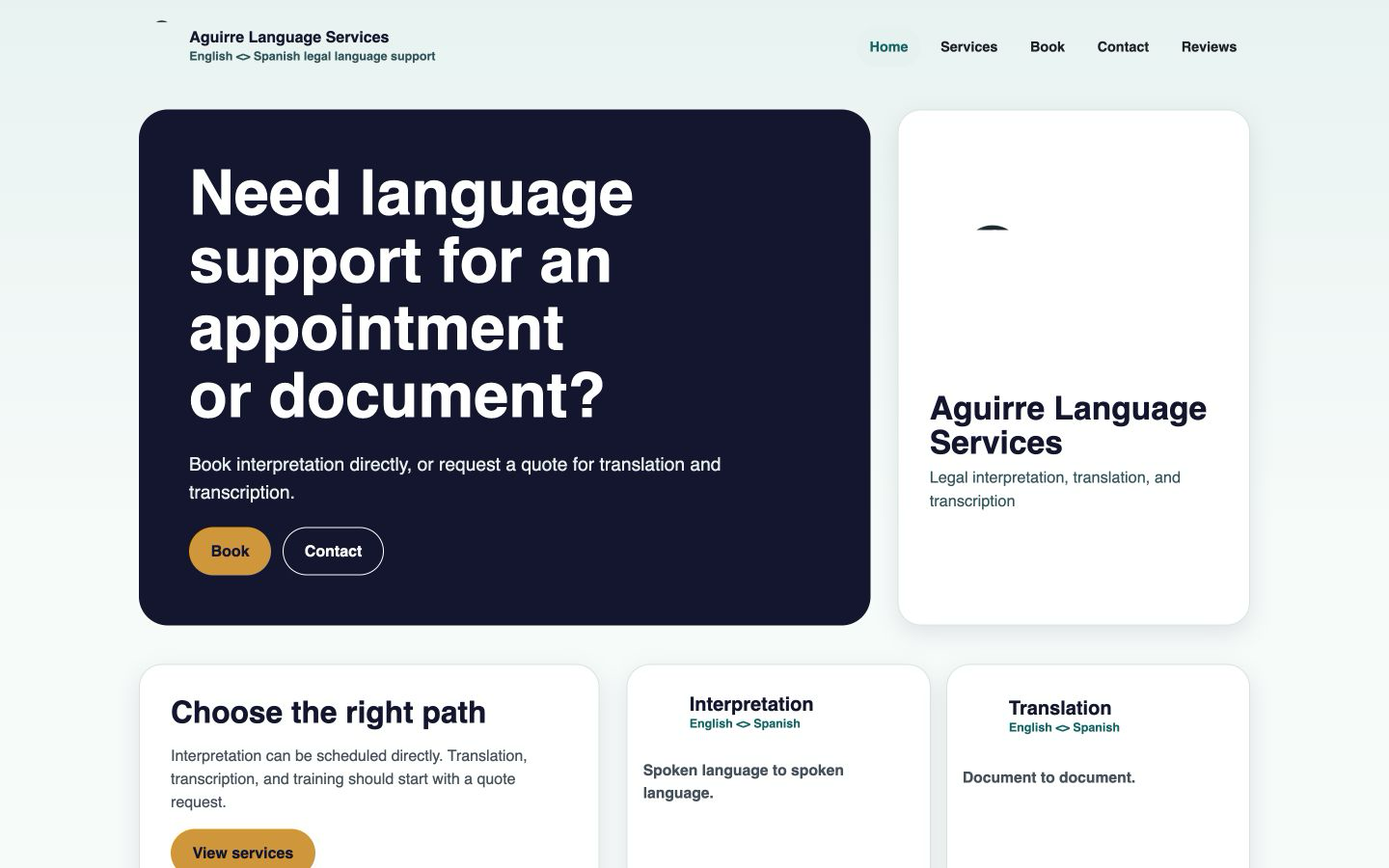 Aguirre Language Services home experience showing booking and contact actions