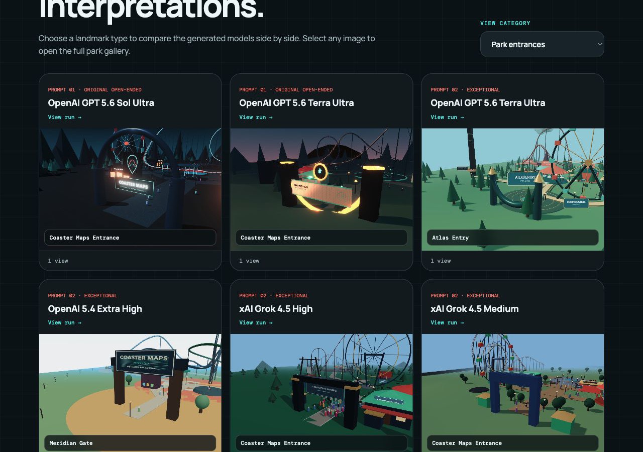 CoasterMaps AI benchmark comparing park entrances created by multiple AI models