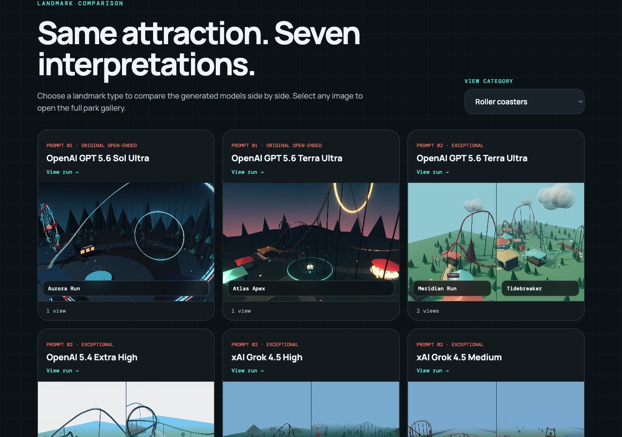 CoasterMaps AI benchmark comparing roller coasters created by multiple AI models