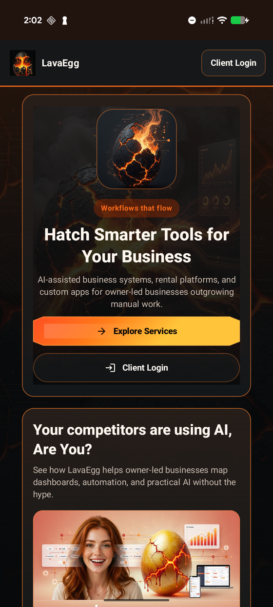 LavaEgg app home screen with hatching egg hero and service actions