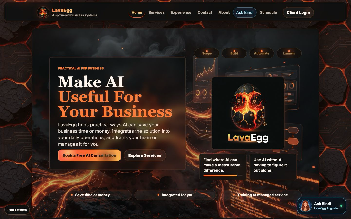 LavaEgg home experience showing practical AI services and consultation actions