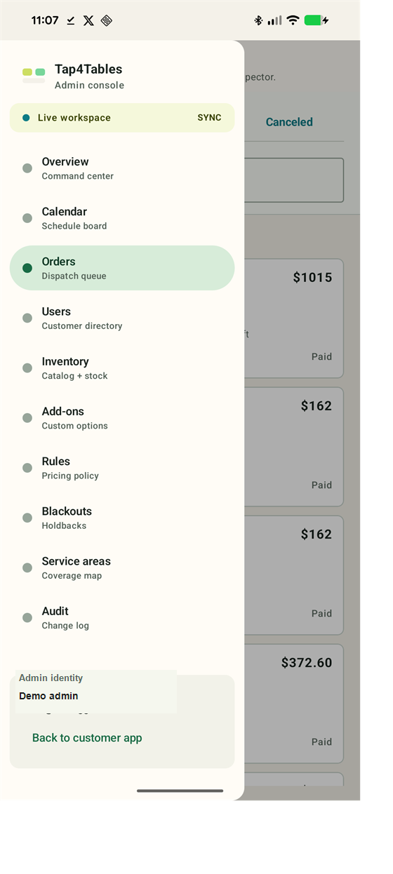 Tap4Tables admin tools drawer showing overview, calendar, orders, users, inventory, add-ons, rules, blackouts, service areas, and audit navigation