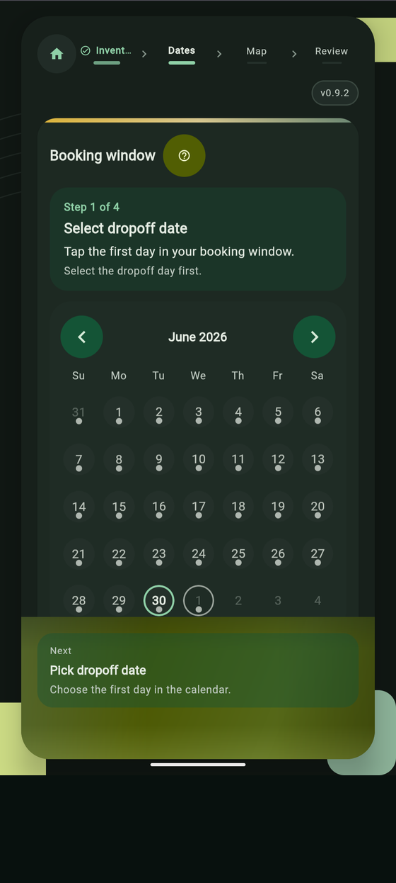 Tap4Tables production web app booking dates screen with calendar selection