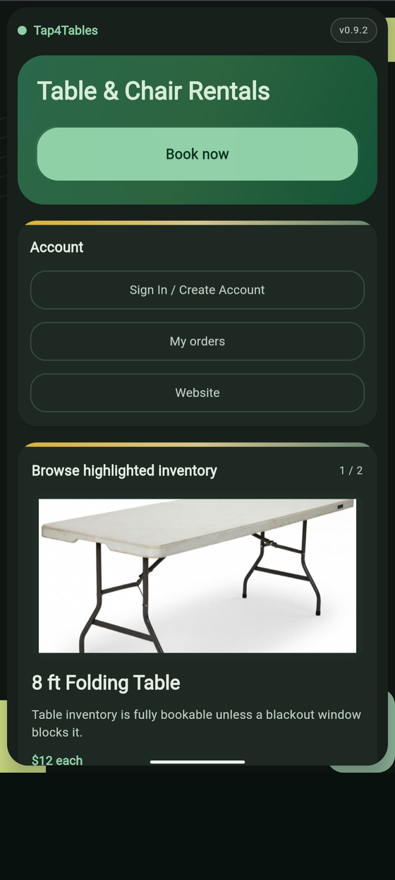 Tap4Tables production web app home screen with table and chair rental booking