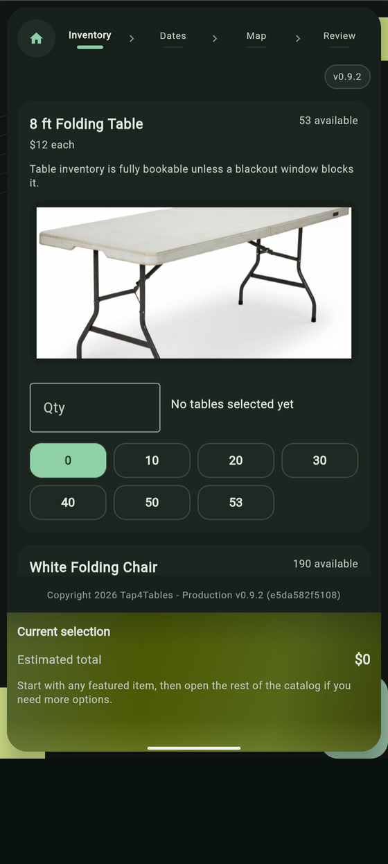 Tap4Tables production web app inventory step with folding table quantity selection