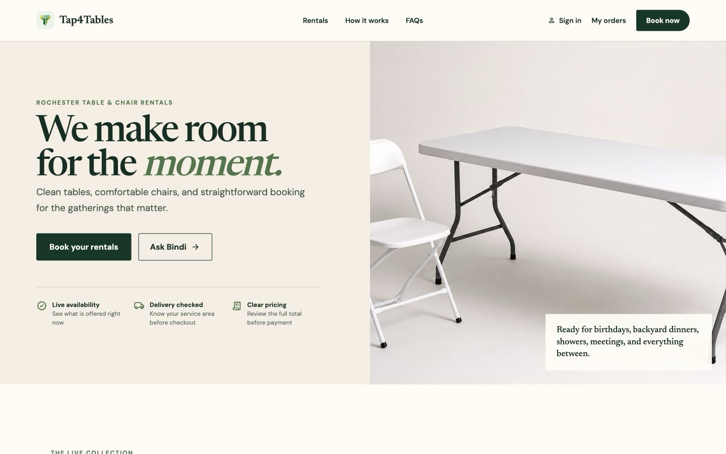 Tap4Tables home experience showing table and chair rental booking
